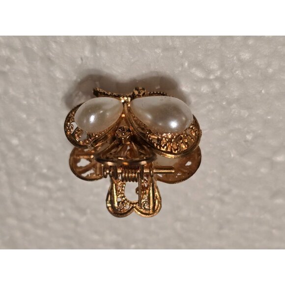 Vintage Gold-Tone Hair Claw Clip Faux Pearl Embellishments & Intricate Filigree - Picture 5 of 5